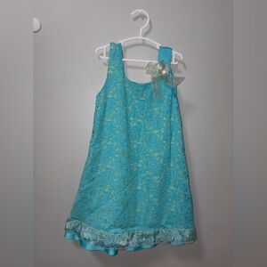 Bonnie Jean Blue Green Eyelet Overlay Sleeveless Dress Bow Lace 5 Spring
